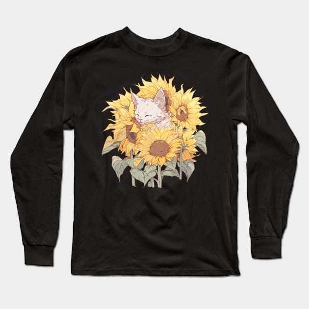 Kitten cat asleep in sunflowers ...awww! Long Sleeve T-Shirt by Purple Dewdrop Designs